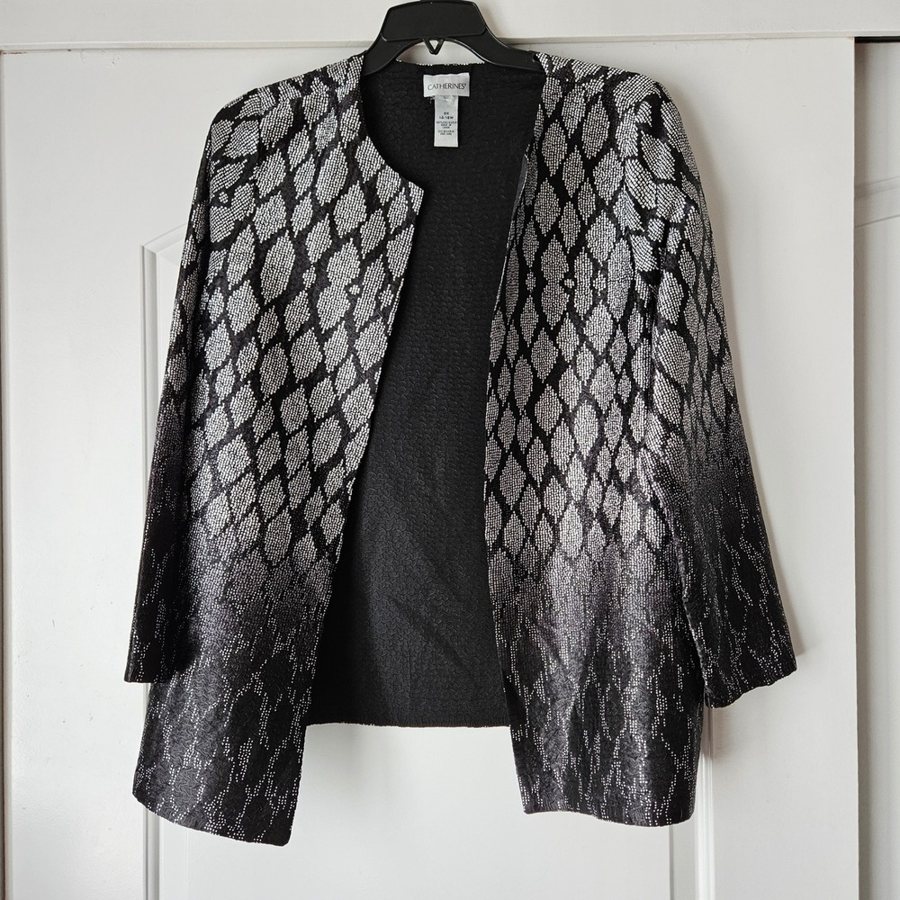 NWT Catherines Open Front Cardigan Womens 14/16W OX Black Silver Office Cocktail